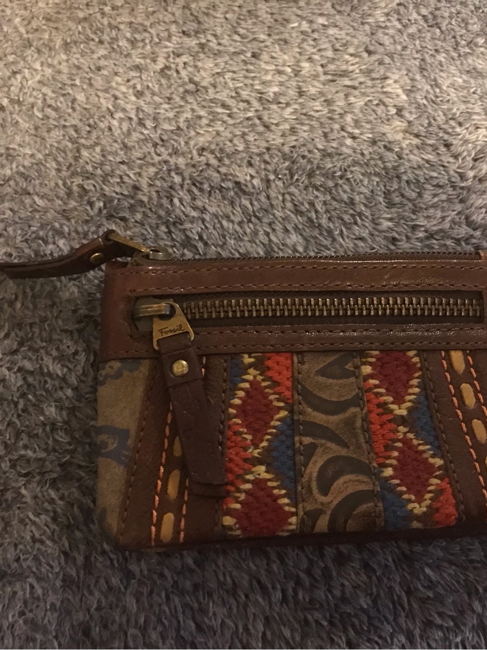 Fossil "long Live Vintage" Multi Colored Brown Leather Mini Wallet